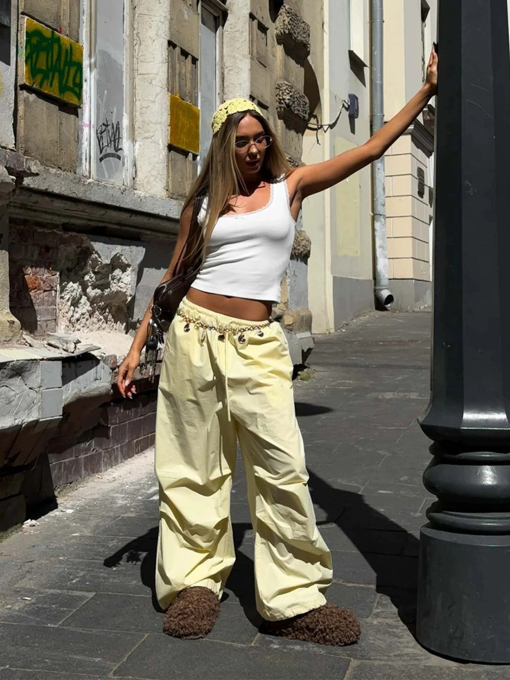 ZARA American Wide Leg Cargo Pants Women High Waist Drawstring Baggy Y2K Summer